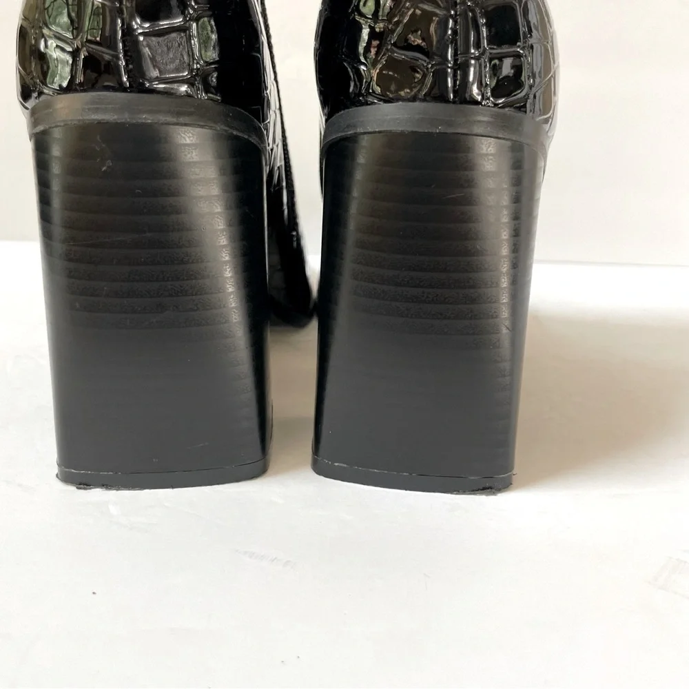 Nasty Gal Faux Leather Black Patent Croc Flared Heeled Ankle Boots Size 8